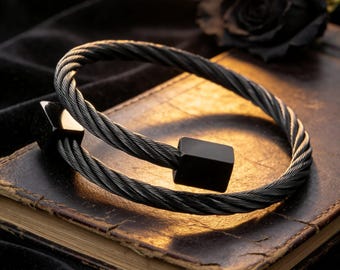 Stylish Vintage Black Twisted Wire Titanium Open-Ended Bracelet / Unisex / Minimalist Jewelry Gift