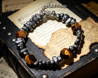 Vintage Natural Tiger's Eye and Titanium Steel Bead Bracelet / Unisex / Adjustable with an Extension Chain