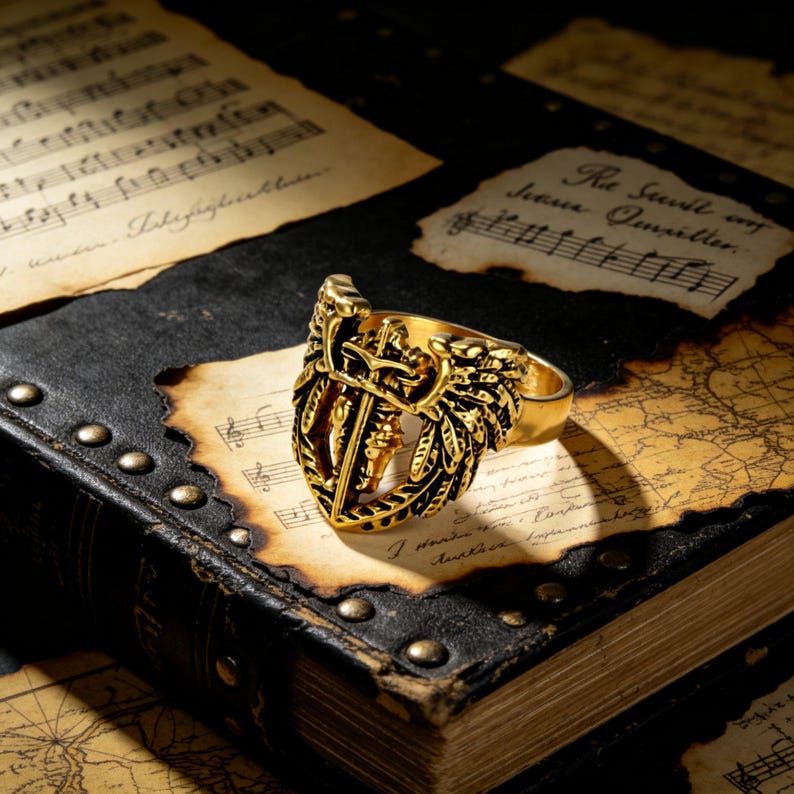 May include: A gold-colored ring with a detailed shield design featuring a sword and crown. The ring is set against a backdrop of aged paper and a leather-bound book, creating a vintage aesthetic. The ring's intricate details are highlighted by the warm lighting.