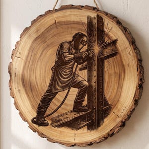 May include: A circular wooden plaque featuring a dark brown wood-burned illustration of a welder wearing a protective helmet and apron, working on a steel beam. The natural wood grain and bark edges are visible, with a string attached for hanging.