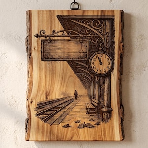May include: A rectangular live-edge wood plaque featuring a dark wood-burned illustration of a train station platform. The scene includes a hanging sign, a round clock showing nearly twelve o'clock, a bench, train tracks, and a lone figure walking.
