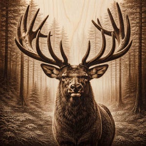 May include: A sepia-toned wood engraving featuring a detailed portrait of a stag with large, branching antlers. The animal is centered in the foreground, set against a backdrop of a dense forest with tall pine trees and textured ground.