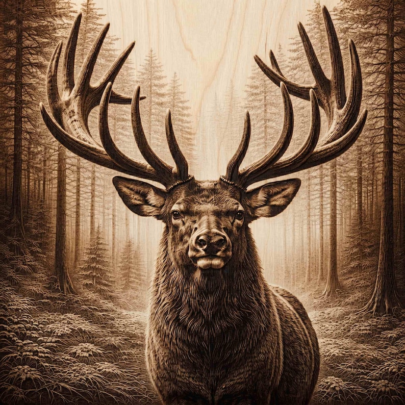 May include: A sepia-toned wood engraving featuring a detailed portrait of a stag with large, branching antlers. The animal is centered in the foreground, set against a backdrop of a dense forest with tall pine trees and textured ground.