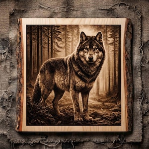 May include: A square wooden plaque with natural live edges featuring a sepia-toned illustration of a wolf standing in a dense forest. The artwork displays detailed fur textures on the wolf and tall trees in the background, set on a light wood panel.