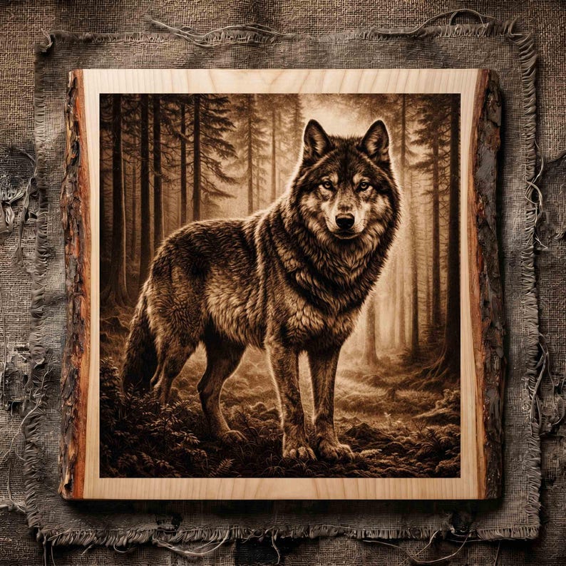 May include: A square wooden plaque with natural live edges featuring a sepia-toned illustration of a wolf standing in a dense forest. The artwork displays detailed fur textures on the wolf and tall trees in the background, set on a light wood panel.