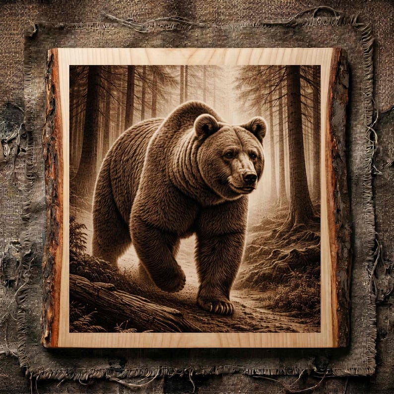May include: A square wooden plaque with a live edge, featuring a sepia-toned illustration of a large brown bear walking through a dense forest. The artwork displays detailed fur textures and tall pine trees in the background, set on a light wood.