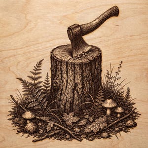May include: A wood-burned illustration on a light-colored wooden surface depicting a metal axe embedded in a tree stump. The scene includes detailed ferns, two small mushrooms, fallen maple leaves, twigs, and stones surrounding the base.