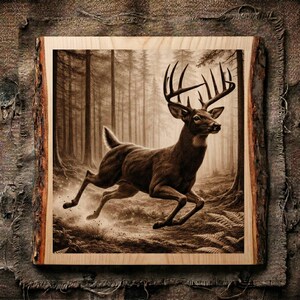 May include: A square wooden plaque with a live edge, featuring a sepia-toned illustration of a large buck with antlers leaping through a dense forest. The artwork depicts the deer in motion amidst tall trees and ferns, rendered in shades of brown.