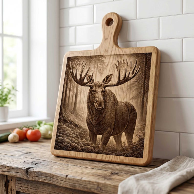 May include: A light brown wooden cutting board with a handle featuring a detailed, dark brown laser-engraved illustration of a large moose standing in a dense forest. The board has a square shape with rounded corners and a smooth, natural wood grain.