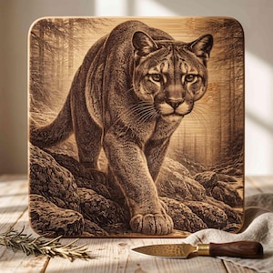 May include: A square wooden cutting board featuring a detailed laser-engraved image of a mountain lion walking through a rocky, forested landscape. The engraving displays the feline's fur texture, facial features, and the surrounding woodland environment.