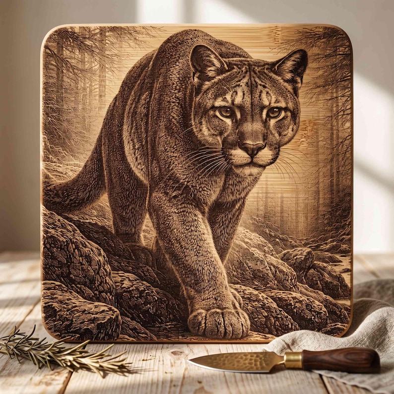 May include: A square wooden cutting board featuring a detailed laser-engraved image of a mountain lion walking through a rocky, forested landscape. The engraving displays the feline's fur texture, facial features, and the surrounding woodland environment.