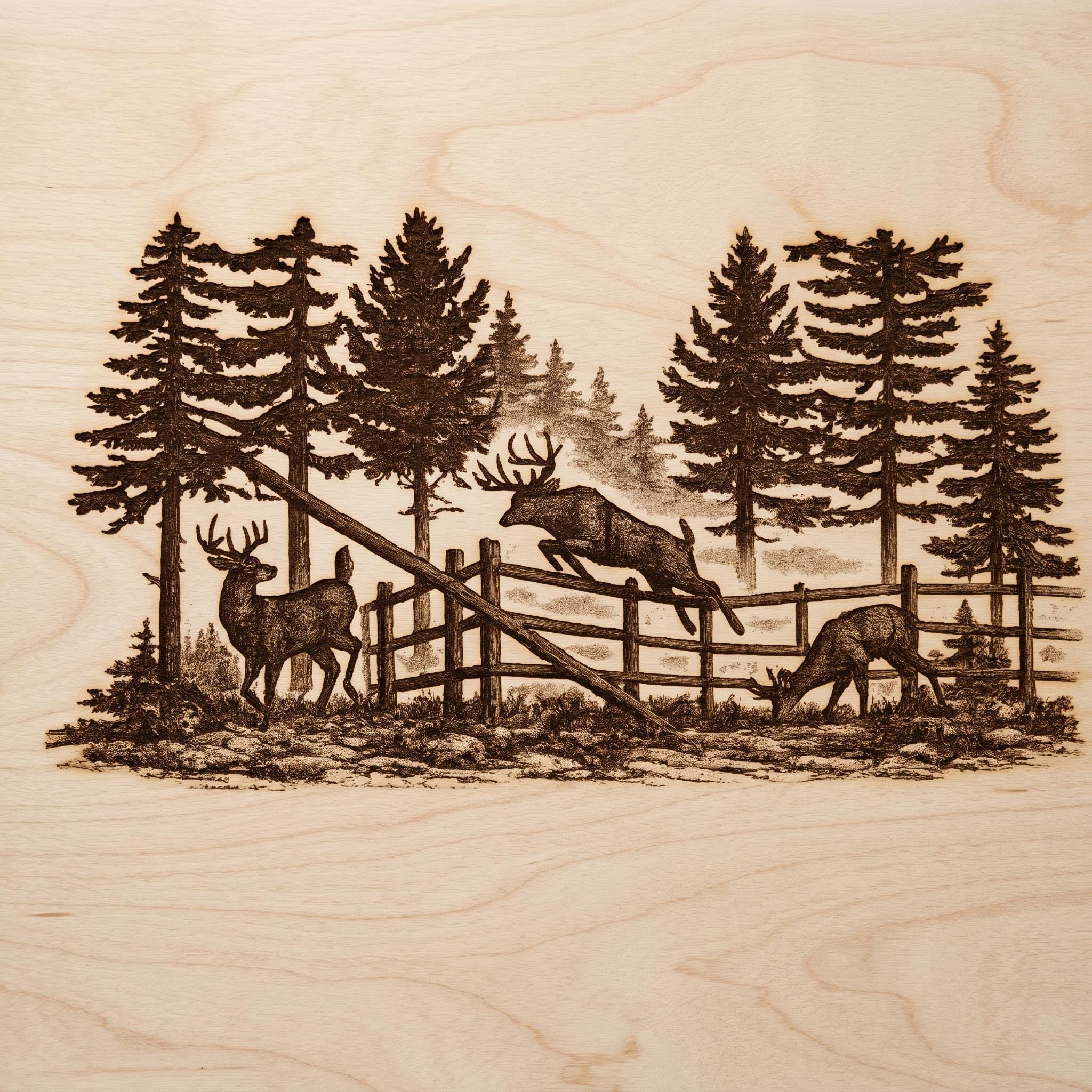 Deer Family Forest PNG Laser Engraving File 300 DPI, Rustic Fence Buck ...