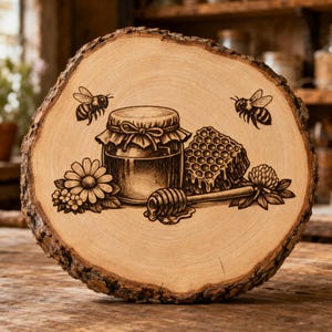 May include: A circular wood slice featuring a detailed pyrography illustration of a glass jar of honey, a honeycomb, a wooden honey dipper, two flying bees, and floral accents including a daisy and clover, all rendered in dark brown lines.