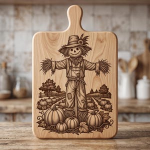 May include: A light-colored wooden cutting board with a handle, featuring a detailed laser-engraved illustration of a scarecrow standing in a pumpkin patch. The design includes rows of pumpkins, a fence, and trees in the background.