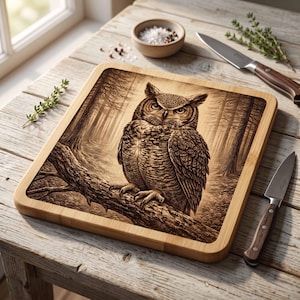 May include: A square wooden cutting board featuring a detailed, dark brown laser-engraved illustration of an owl perched on a tree branch within a forest setting. The board has rounded corners and a smooth, light-toned natural wood grain finish.