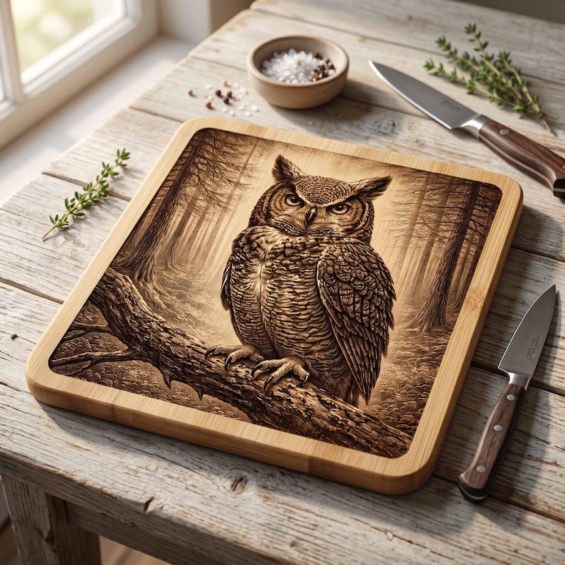 May include: A square wooden cutting board featuring a detailed, dark brown laser-engraved illustration of an owl perched on a tree branch within a forest setting. The board has rounded corners and a smooth, light-toned natural wood grain finish.