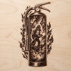 May include: A wood-burned illustration on a light-coloured wooden surface depicting a fire extinguisher. The central body of the extinguisher features a detailed scene of a firefighter in gear amidst flames, surrounded by stylised fire patterns.