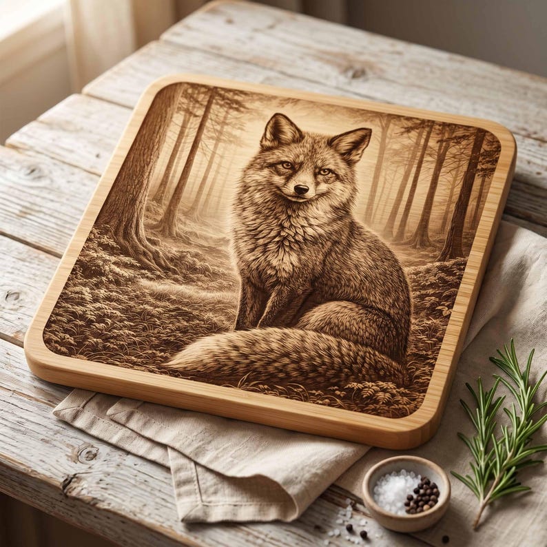 May include: A square wooden cutting board featuring a detailed laser-engraved illustration of a fox sitting in a forest. The artwork depicts the fox in the center with trees and foliage in the background, rendered in shades of brown and tan wood grain.