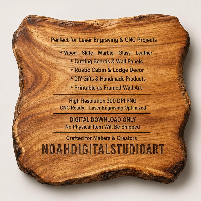 May include: A digital file graphic featuring a light brown wood grain texture with irregular live edges. The text reads: Perfect for Laser Engraving & CNC Projects, Wood - Slate - Marble - Glass - Leather, Cutting Boards & Wall Panels, Rustic Cabin & Lodge Decor, DIY Gifts & Handmade Products, Printable as Framed Wall Art, High Resolution 300 DPI PNG, CNC Ready - Laser Engraving Optimized, DIGITAL DOWNLOAD ONLY, No Physical Item Will Be Shipped, Crafted for Makers & Creators, NOAHDIGITALSTUDIOART.
