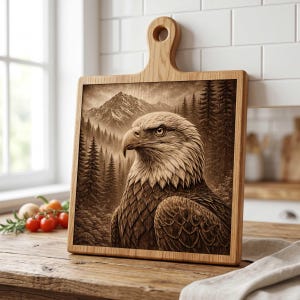 May include: A square wooden cutting board with a handle featuring a detailed sepia-toned illustration of a bald eagle in profile. The background depicts a dense pine forest and a mountain range under a cloudy sky, rendered in shades of brown.