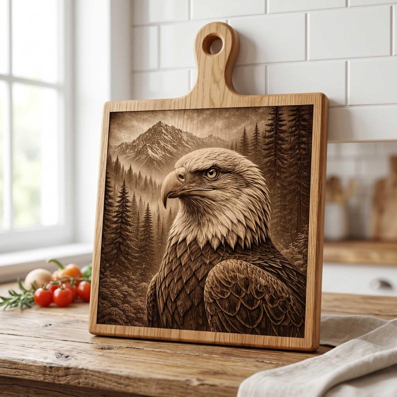 May include: A square wooden cutting board with a handle featuring a detailed sepia-toned illustration of a bald eagle in profile. The background depicts a dense pine forest and a mountain range under a cloudy sky, rendered in shades of brown.