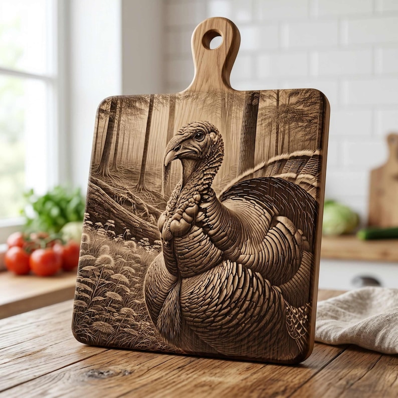 May include: A square wooden cutting board with a handle featuring a laser-engraved image of a turkey standing in a forest. The detailed engraving shows the bird in the foreground with trees and foliage in the background, rendered in shades of brown.