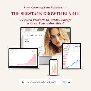 Peut inclure: Image promotionnelle pour un pack de croissance Substack. L'image présente un écran d'ordinateur, un ordinateur portable, une tablette et un smartphone affichant des graphiques et des données. Le texte indique "Start Growing Your Substack" et "THE SUBSTACK GROWTH BUNDLE". L'adresse jasminsoee.substack.com est également visible.