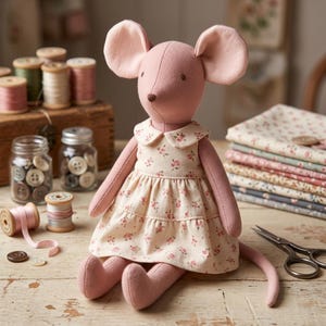 May include: A plush mouse doll with pink fabric skin, large rounded ears, and a dark brown stitched nose. The mouse wears a cream-coloured dress featuring a small pink floral pattern, a rounded collar, and a tiered skirt with a gathered waistline.