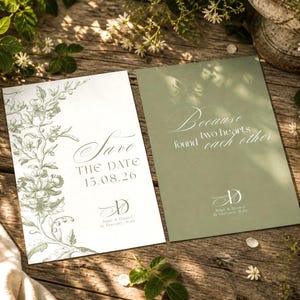 Könnte beinhalten: Zwei Hochzeitseinladungskarten auf einer Holzoberfläche. Eine Karte ist weiß mit floralen Illustrationen und dem Text "Save the Date 15.08.26". Die andere Karte ist salbeigrün mit dem Text "Because two hearts found each other".