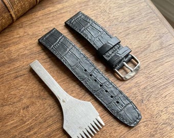 Handmade Custom 18mm 20mm 22mm 24mm Black Crocodile Pattern Full Grain Leather Watch Band Strap Personalized Gift for Him Her