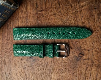 Handmade Custom Vintage Green Galuchat Leather Watch Band – 18mm 20mm 22mm 24mm – Personalized Gift for Him or Her