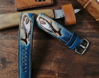 Handmade Custom Great White Shark Hand-Carved Watch Band 18mm 20mm 22mm 24mm, Personalized Shark Watch Strap Gift for Him Her