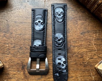Handmade Custom Skull Leather Watch Band 18mm 20mm 22mm 24mm Full Grain Cowhide Watch Strap, Personalized Buckle Gift for Him Her