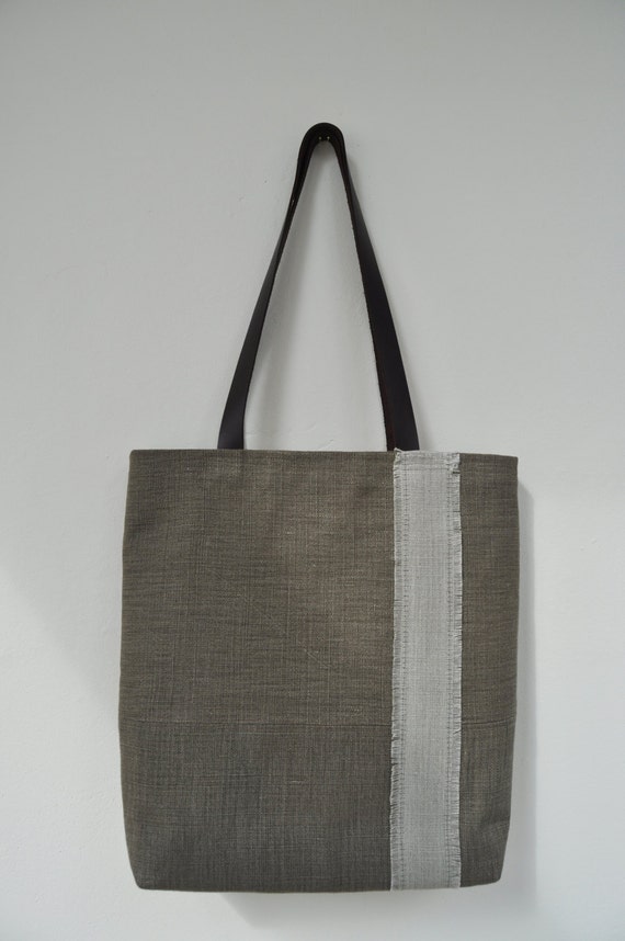 Items similar to linen bag with leather handles on Etsy