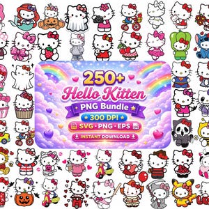 Pode incluir: Uma coleção digital de mais de 250 ilustrações da personagem Hello Kitty em vários trajes e poses, rodeando um gráfico central com o texto 250+ Hello Kitten PNG Bundle, 300 DPI, SVG, PNG, EPS e Instant Download.