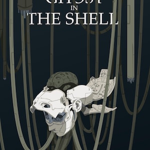 Peut inclure: Une affiche avec le texte GHOST IN THE SHELL en haut, et MASAMUNE SHIROW, MAMORU OSHII, MOTOKO KUSANAGI, BATOU en bas. Une tête robotique mécanique blanche est suspendue au milieu de nombreux câbles gris pendants sur un fond sombre.