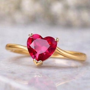 Lab Created Heart Shape Ruby Ring, 14k Solid Gold Ring, July Birthstone, Promise Ring, Wedding Ring, Dainty Ring, Gift For Her
