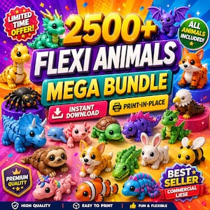 Puede incluir: Una imagen vibrante muestra un mega paquete de Animales Flexibles impresos en 3D. La colección incluye una variedad de criaturas coloridas como dragones, una araña, un triceratops, un delfín, un perezoso, un corgi, un cocodrilo, un conejo, una abeja y más. El texto incluye "2500+ Flexi Animals Mega Bundle".