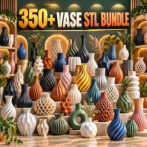 Könnte beinhalten: Eine Sammlung von über 350 dekorativen Vasen in verschiedenen Formen, Farben und Texturen, darunter geometrische, spiralförmige und gitterartige Muster. Der Text 350+ VASE STL BUNDLE steht in großen, fetten, gold-orangen Buchstaben oben.