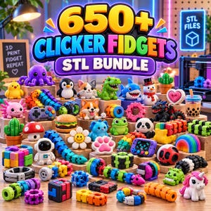 Pode incluir: Uma coleção de brinquedos fidget impressos em 3D, incluindo um polvo, pinguim, gato, dinossauro, tubarão, boneco de neve, cacto, axolote, hambúrguer, sapo, panda, caveira e unicórnio. A imagem contém o texto 650+ CLICKER FIDGETS STL BUNDLE.