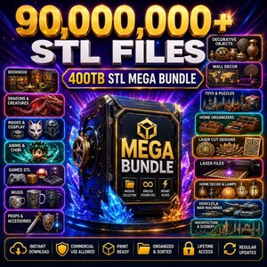 Può includere: Una pubblicità digitale per un mega pacchetto STL da 400TB contenente oltre 90.000.000 di file. La grafica centrale presenta una cassaforte nera e oro circondata da cristalli blu e viola, con varie categorie di oggetti stampabili in 3D.