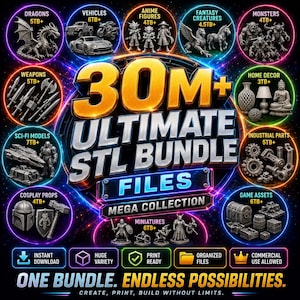 以下が含まれることがあります： 30M+ Ultimate STL Bundle Filesメガコレクションのデジタル広告。画像には、ドラゴン、乗り物、アニメフィギュア、武器、インテリアなどの3Dモデルカテゴリーが、暗い背景にネオンカラーの円で囲まれて表示されています。