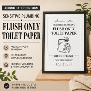 Peut inclure: Un panneau de salle de bain encadré avec le texte « FLUSH ONLY TOILET PAPER ». Le panneau comprend également le texte « DO NOT FLUSH » avec une liste d'articles. Le panneau est en noir et blanc et se trouve sur une étagère en bois.