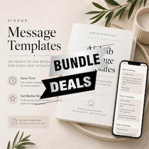 May include: An image promoting an Airbnb message templates bundle, with the text "BUNDLE DEALS". The image shows a stack of books, a smartphone displaying a welcome message, and icons for saving time, better reviews, and instant download.