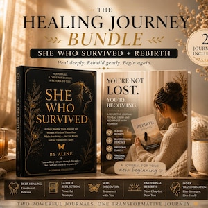 Pode incluir: O pacote Healing Journey inclui dois diários: "She Who Survived" e "Rebirth". Os livros são pretos com letras douradas e desenhos florais. A capa de "Rebirth" mostra uma mulher lendo. Uma vela e uma caneca também são visíveis.