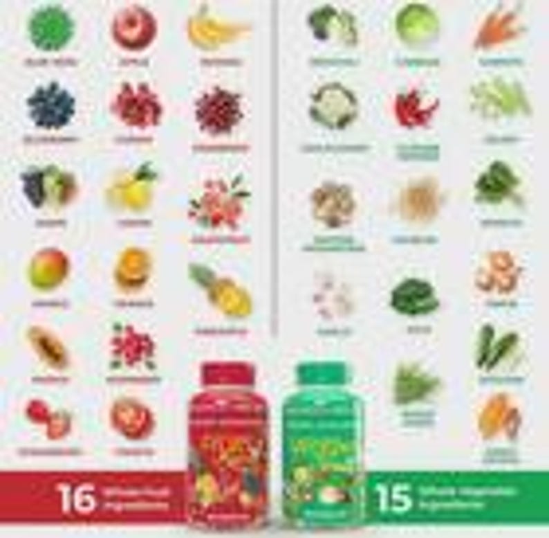 Puede incluir: Imagen vibrante que muestra una variedad de frutas y verduras, cada una etiquetada con su nombre. Dos botellas de suplementos en la parte inferior, una roja y otra verde, con texto que indica 16 ingredientes de frutas y 15 de verduras enteras.