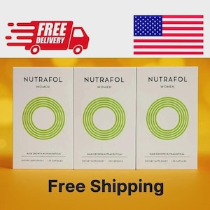 Op de afbeelding: Drie witte dozen met Nutrafol Women haar groeibevorderend nutraceutical voedingssupplement. Elke doos heeft een groen cirkelvormig ontwerp en de tekst "Nutrafol Women". De dozen zijn gelabeld met "Hair Growth Nutraceutical" en "Dietary Supplement 120 Capsules".