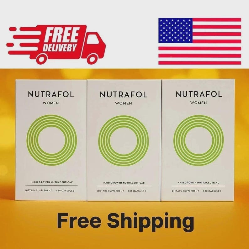 Op de afbeelding: Drie witte dozen met Nutrafol Women haar groeibevorderend nutraceutical voedingssupplement. Elke doos heeft een groen cirkelvormig ontwerp en de tekst "Nutrafol Women". De dozen zijn gelabeld met "Hair Growth Nutraceutical" en "Dietary Supplement 120 Capsules".