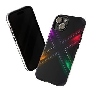 May include: Two black smartphones, one with a blank screen and the other with a black case featuring a colourful X design. The case has a neon gradient of purple, red, green, and yellow lines. The phone's camera is visible.