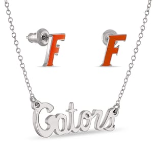 May include: Silver necklace with a pendant that says "Gators" and a pair of silver earrings with orange "F" charms.